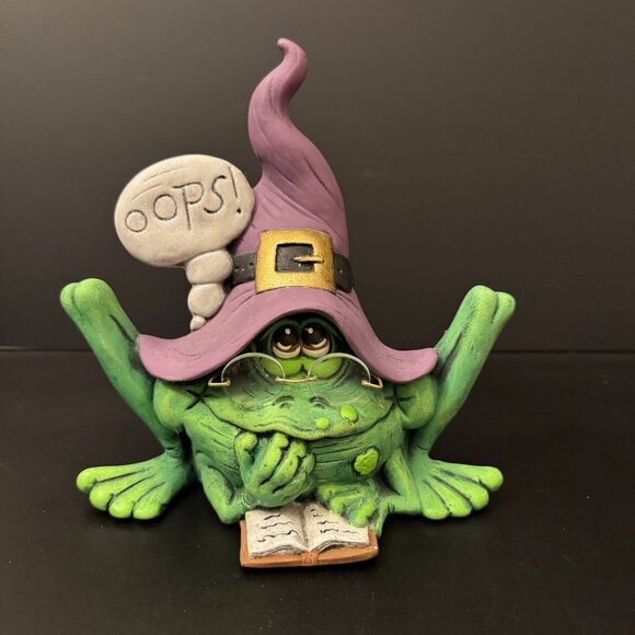 None Other - Whimsical Green Oops Witch Frog Figurine Glasses Purple Hat & Book Halloween